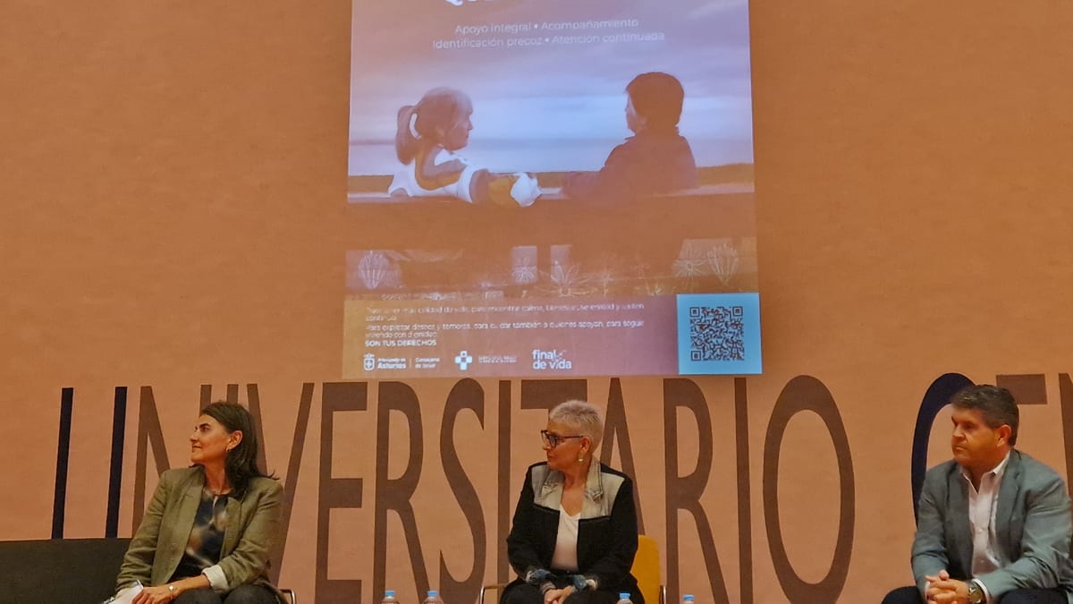 Cartel de la campaña de cuidados paliativos del Gobierno del Principado de Asturias con el lema 'la atención que te sostiene' y elementos de apoyo integral, acompañamiento e identificación precoz