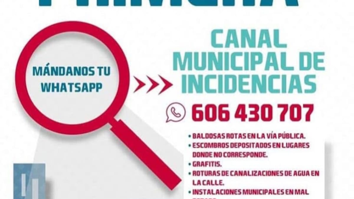 Cartel del Ayuntamiento de San Sebastián de los Reyes promocionando el Canal Municipal de Incidencias con el número 606 430 707 vía WhatsApp