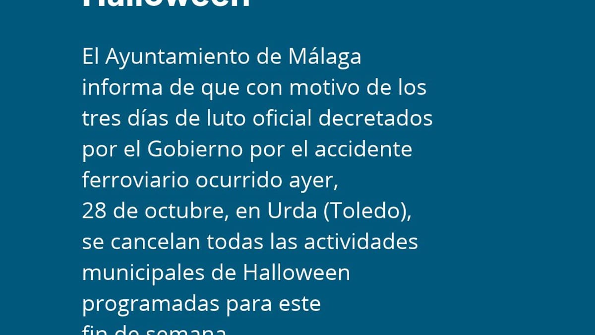 Cartel informativo del Ayuntamiento de Málaga anunciando la cancelación de actividades y fiestas municipales de Halloween
