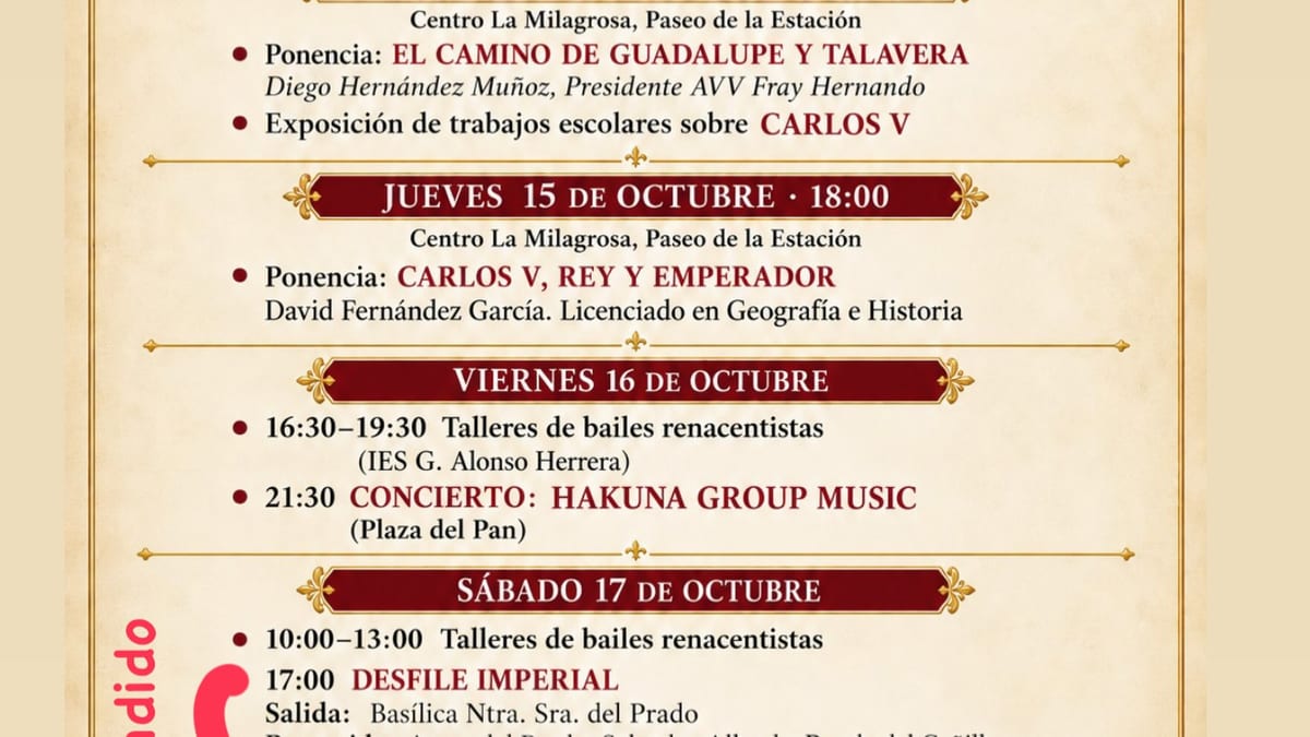 Cartel de las Jornadas de Carlos V 'El Camino del Emperador' celebradas en Talavera de la Reina del 14 al 17 de octubre de 2026, con logotipos de colaboradores y aviso de suspensión