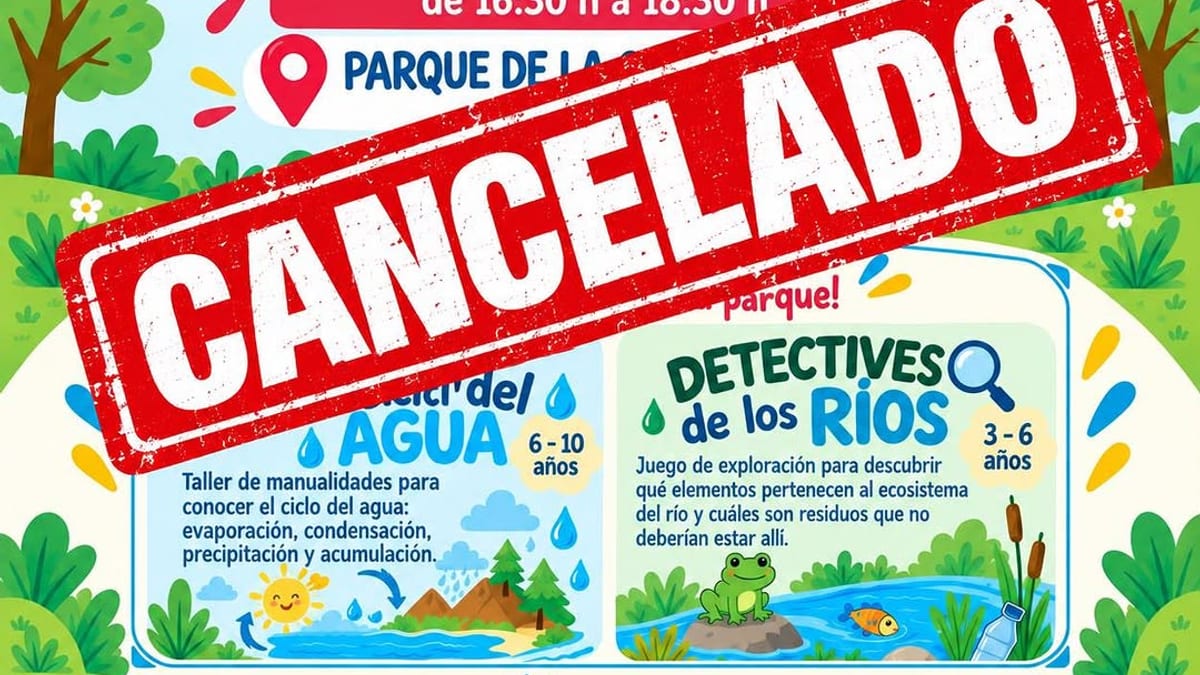 Cartel informativo del taller infantil 'Disfruta tu parque' cancelado, con la inscripción 'CANCELADO' superpuesta, mostrando los talleres de ciclo del agua y detectives de los ríos para niños de 3 a 10 años