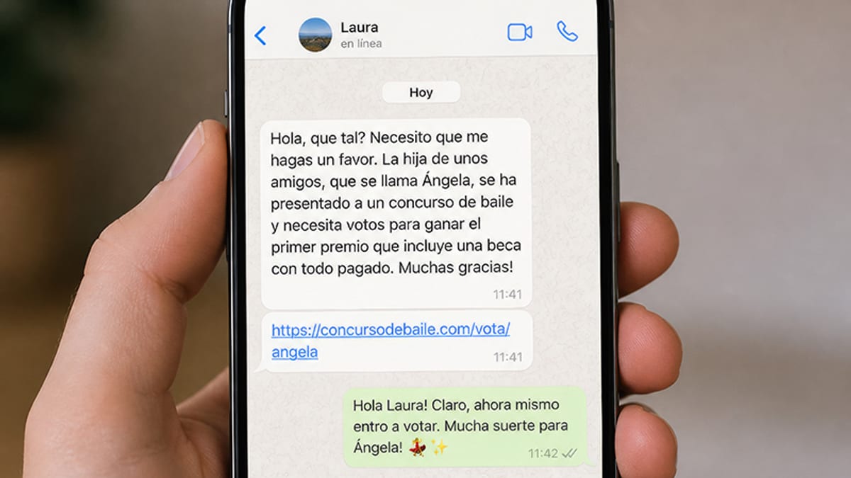 Ejemplo de mensaje de fraude en WhatsApp que simula un concurso de baile con enlace malicioso
