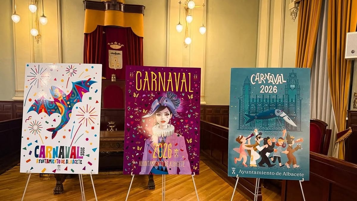 Cartel del concurso de diseño del Carnaval de Albacete 2027 con logos de ediciones anteriores