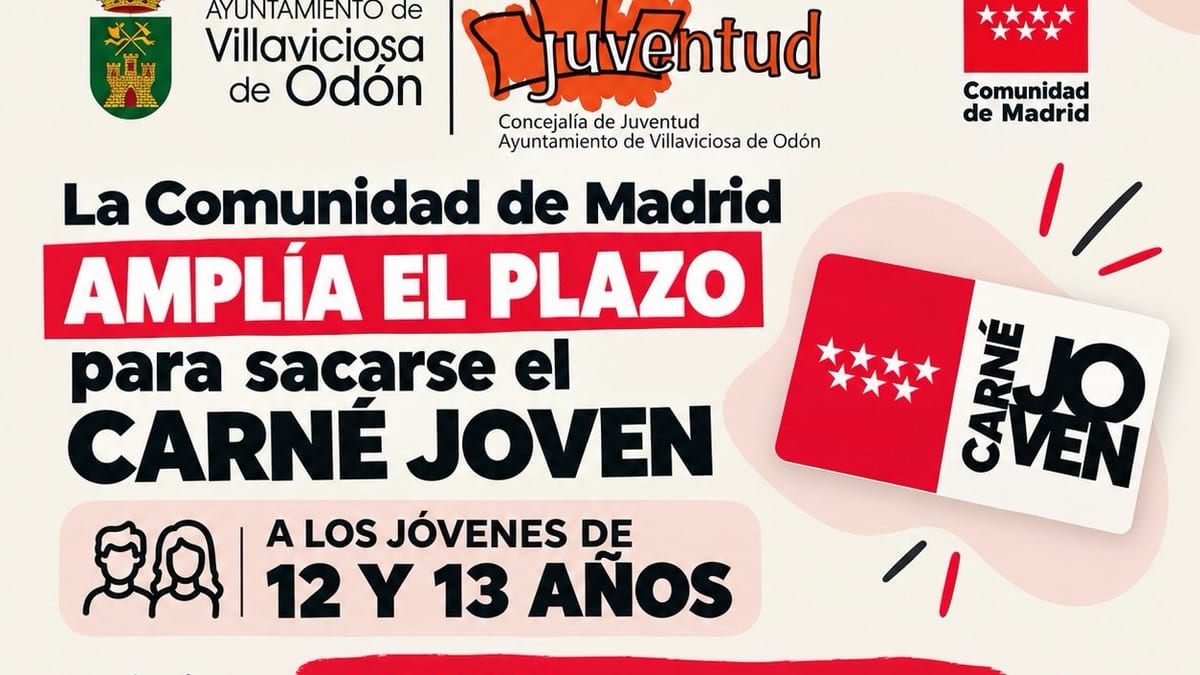Cartel informativo sobre la ampliación del Carné Joven para menores de 12 y 13 años a partir del 14 de octubre en Villaviciosa de Odón