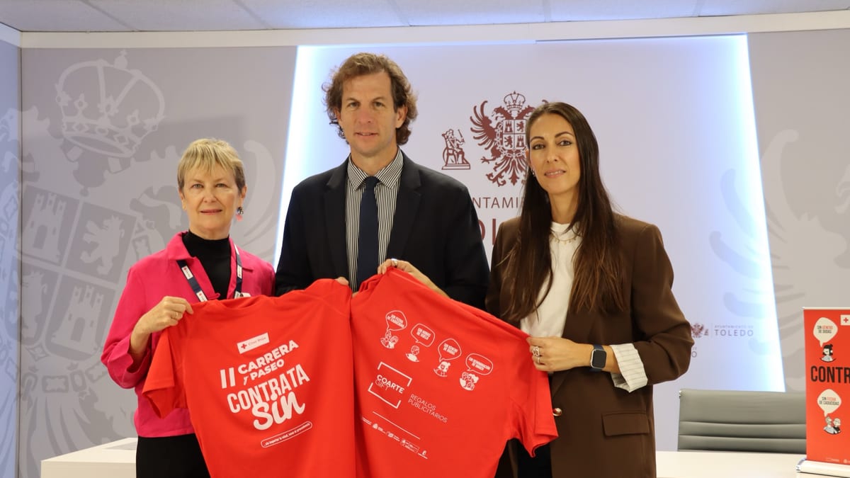 Cartel de la II Carrera y Paseo Inclusivo 'Contrata Sin' de Toledo con personas sosteniendo una camiseta roja
