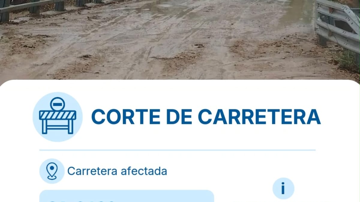 Carretel informativo de la Diputación de Cádiz indicando corte de carretera CA-9120 por desbordamiento del Río Trejo