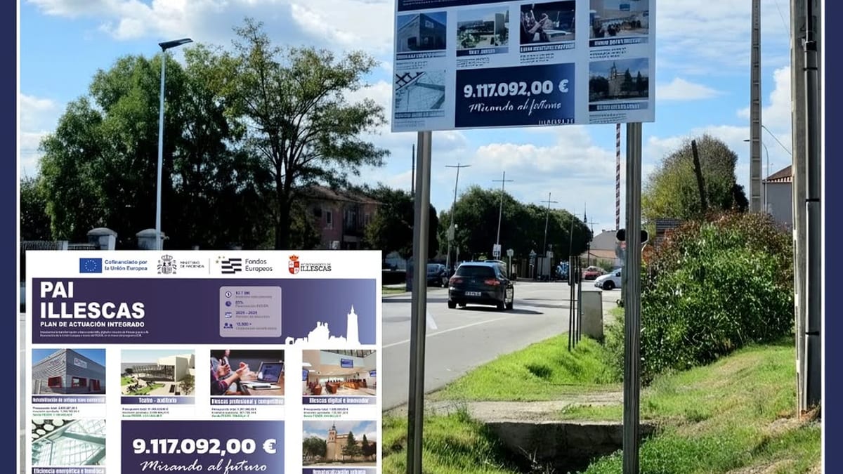 Cartel informativo del PAI de Illescas con la inversión de 9.117.092 euros, cofinanciado por la Unión Europea y el Ministerio de Hacienda