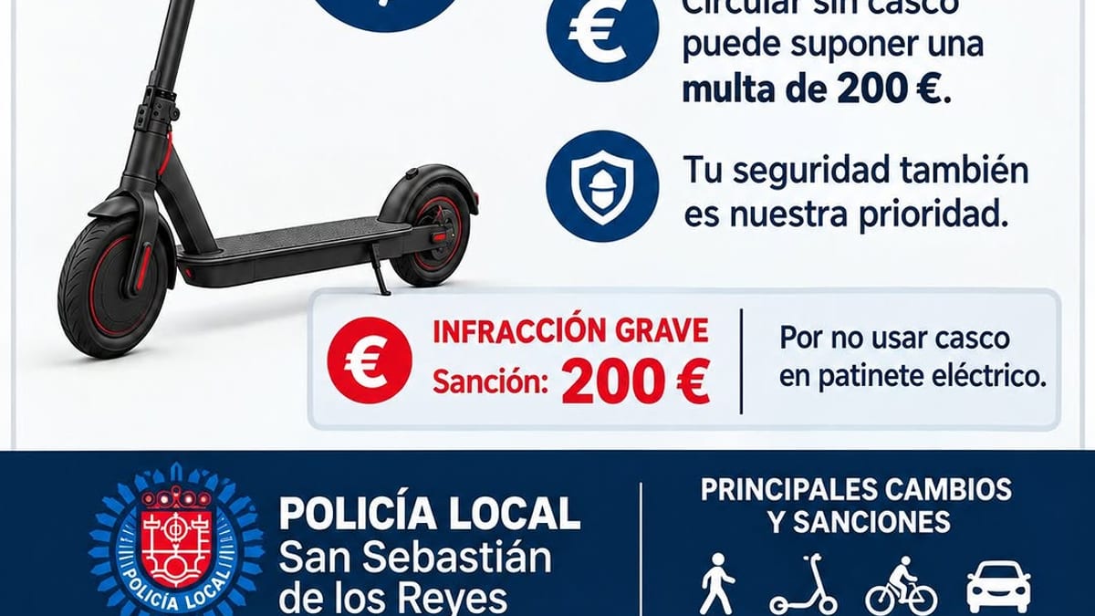 Cartel informativo de la Policía Local sobre la obligatoriedad del casco en patinetes eléctricos y sanción de 200 euros