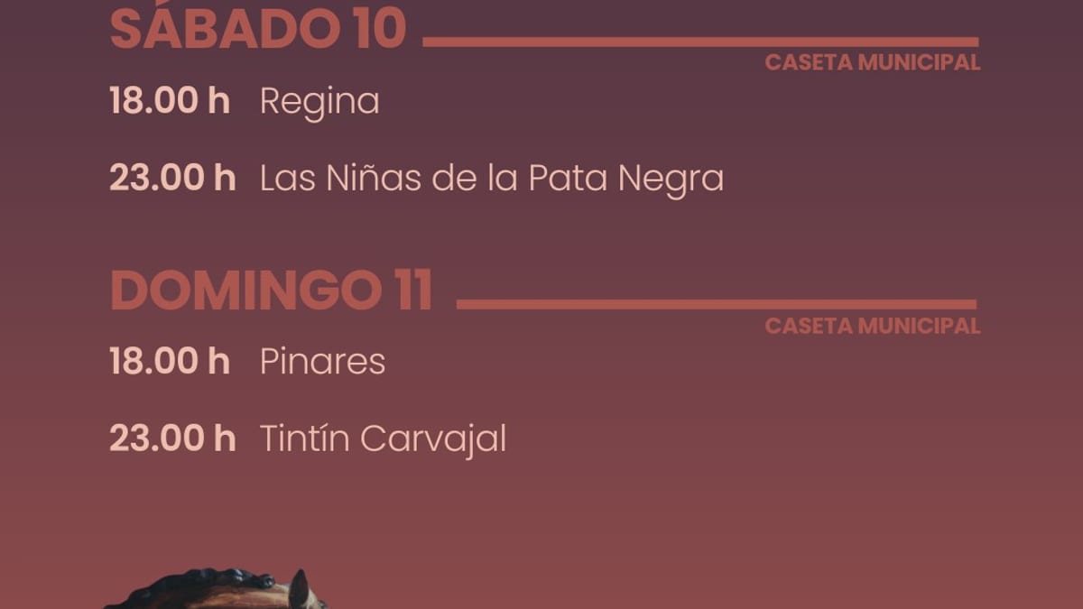Cartel de la programación musical de la Caseta Municipal de la Feria de Otoño y del Caballo 2026 en Huelva