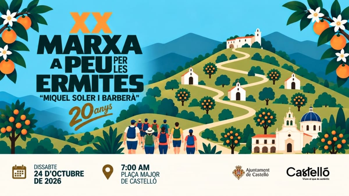 Cartel anunciador de la XX edición de la Marxa a Peu per les Ermites de Castelló, sábado 24 de octubre de 2026, con salida a las 7:00 h desde la plaza Mayor