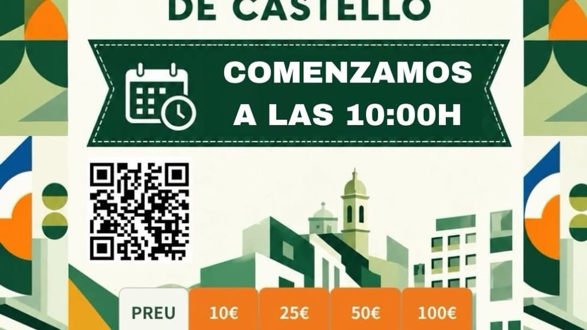 Cartel promocional de los Bonos Comerciales de Castelló con denominaciones de 10, 25, 50 y 100 euros y comienza a las 10:00 horas
