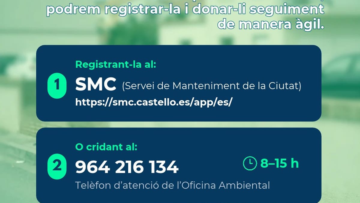 Infografía del Ayuntamiento de Castellón sobre los canales oficiales para reportar incidencias: App SMC y teléfono de la Oficina Ambiental