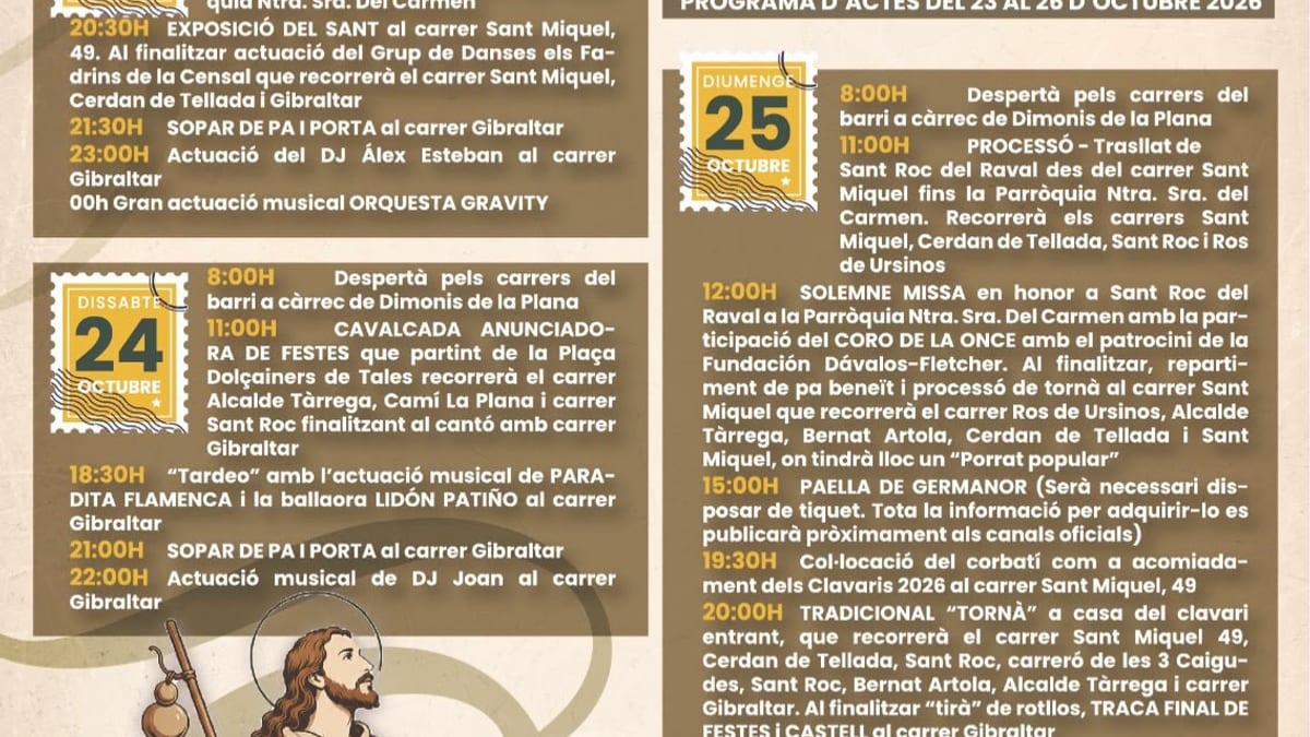 Cartel promocional de la fiesta de Sant Roc del Raval de Castellón 2026 con detalles del programa de actos