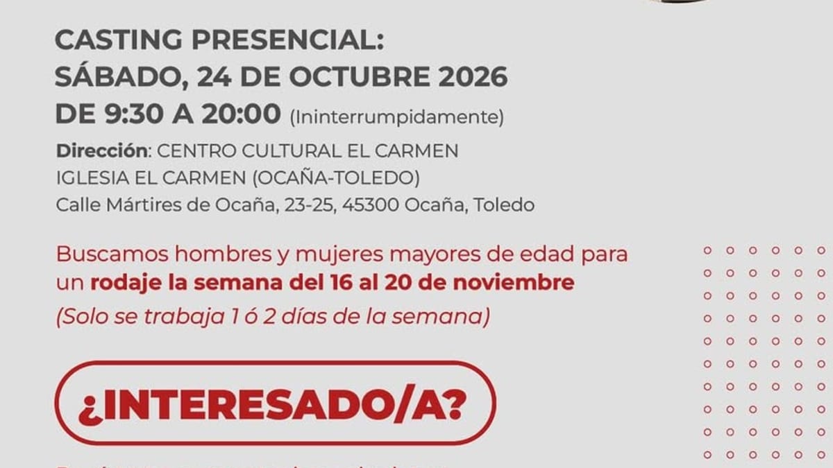Cartel del casting de figuración en Ocaña para rodaje de noviembre de 2026 con datos de convocatoria e inscripción