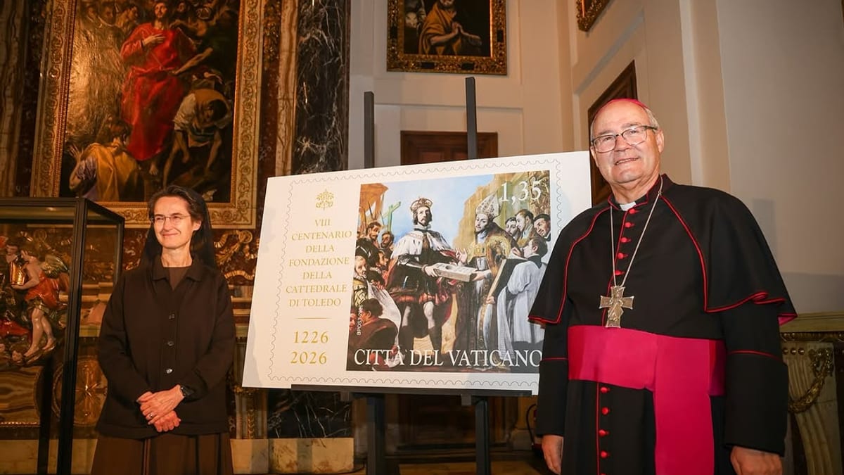 Sello conmemorativo del VIII Centenario de la Catedral Primada de Toledo emitido por el Vaticano, con fechas 1226-2026