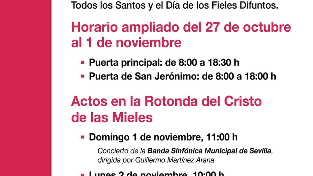 Cartel informativo del Ayuntamiento de Sevilla sobre horarios y actos por Todos los Santos y Fieles Difuntos en el Cementerio de San Fernando
