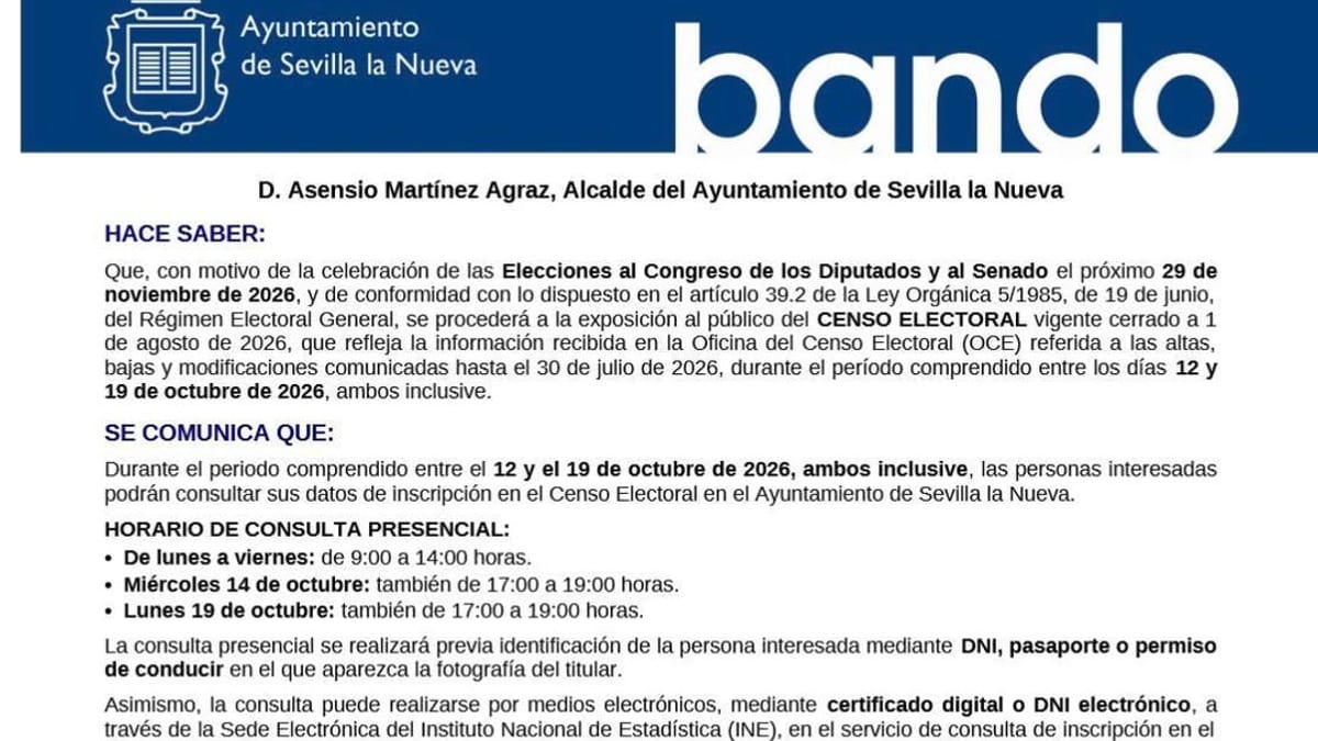 Cartel informativo del Ayuntamiento de Sevilla la Nueva sobre la consulta del censo electoral de octubre 2026 con horarios de atención