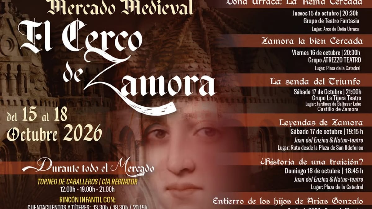 Cartel del Cerco de Zamora y Mercado Medieval, 15 al 18 de octubre de 2026, con información de actividades y representaciones teatrales
