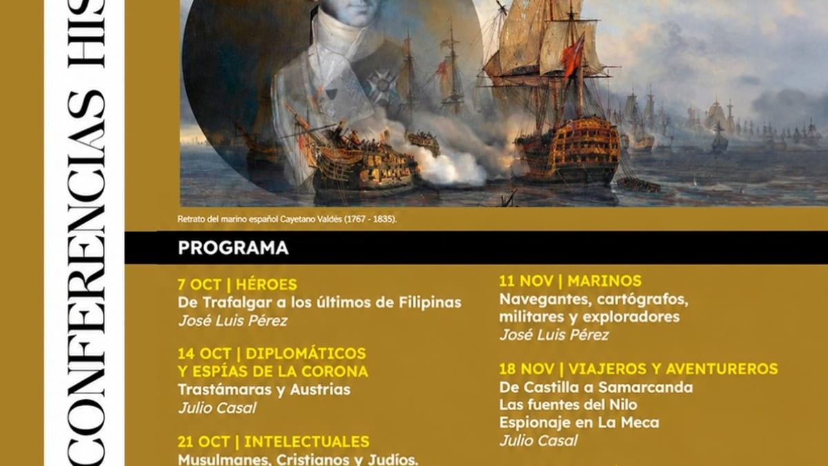 Cartel del ciclo de conferencias históricas de Pozuelo de Alarcón con imagen del marino español Cayetano Valdés