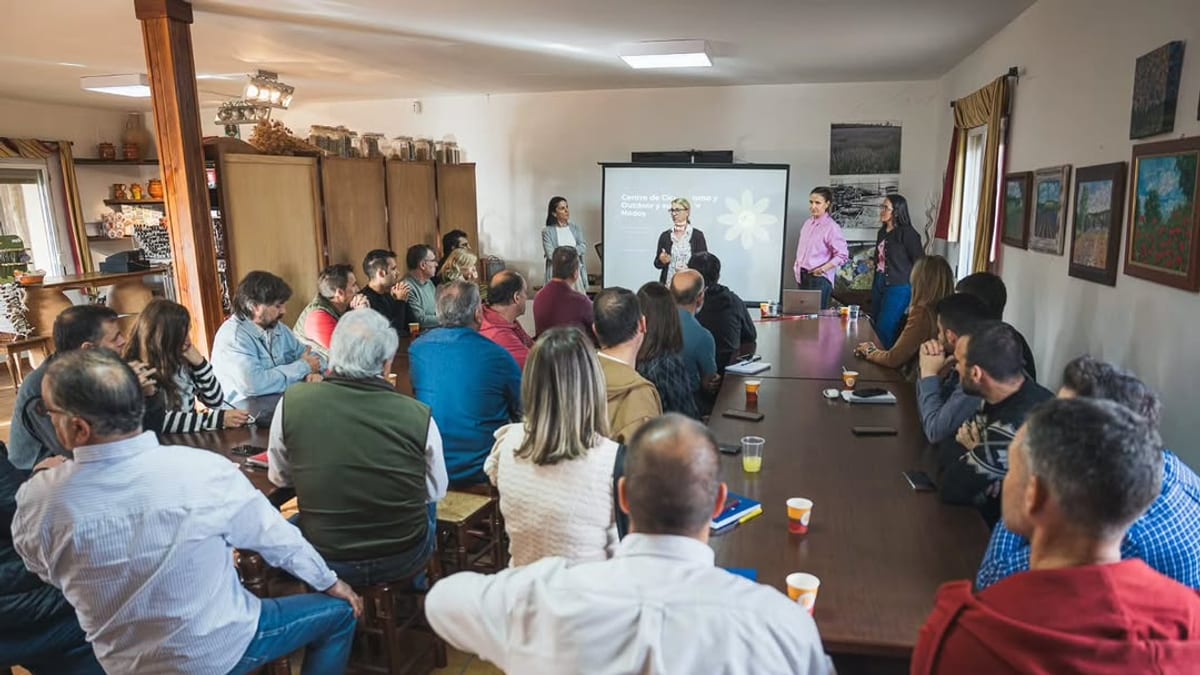 Sala de reunión con empresarios y participantes en torno a una mesa larga durante la jornada de cicloturismo en Ossa de Montiel