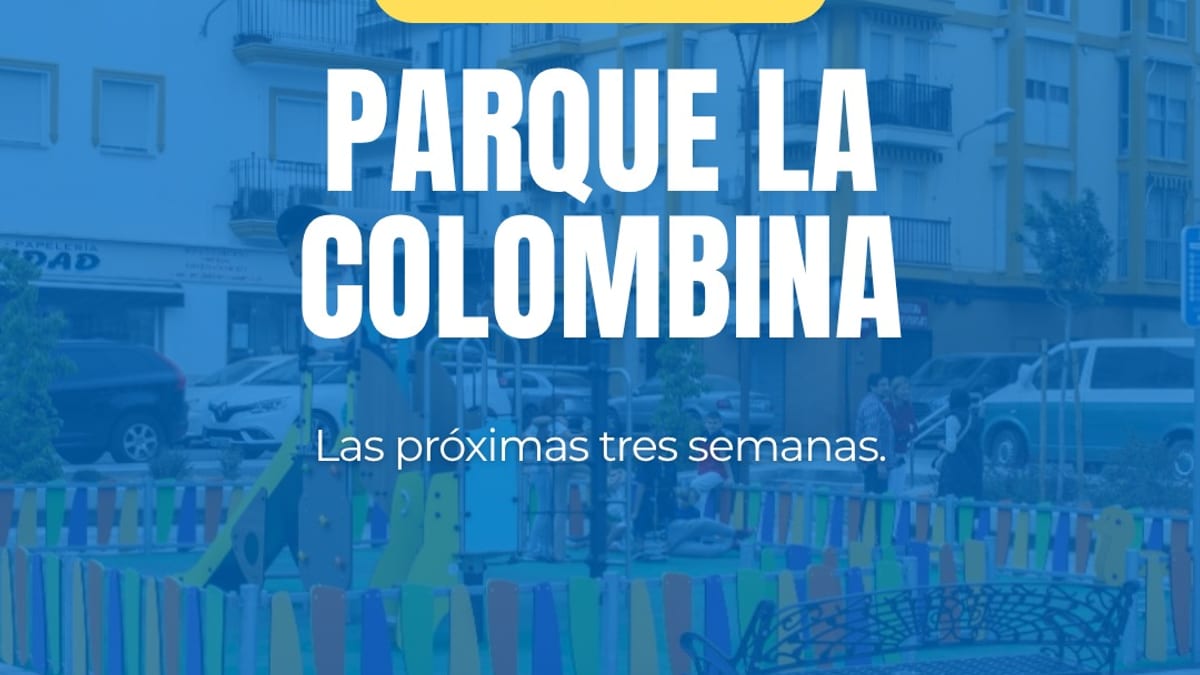 Cartel informativo del cierre temporal del parque infantil La Colombina de Huelva durante tres semanas por trabajos de mejora