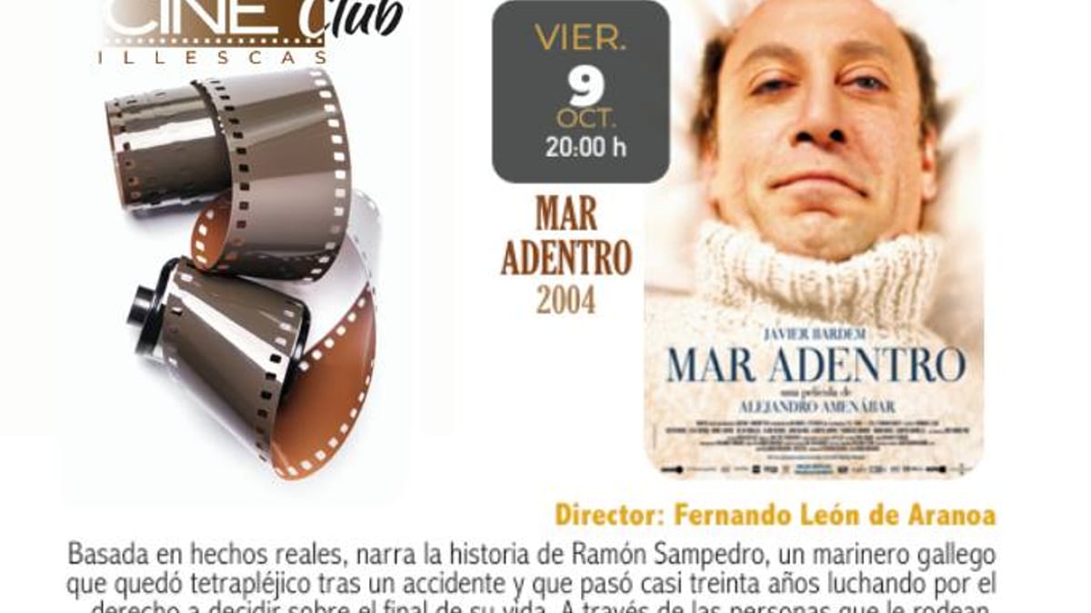 Cartel promocional del Cine Club Illescas con información sobre la proyección de Mar adentro el 9 de octubre