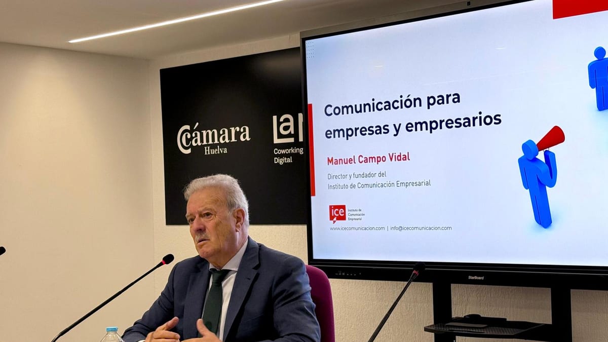 Cartel del evento Club Cámara Huelva con Manuel Campo Vidal, director del Instituto de Comunicación Empresarial, para la ponencia 'Comunicar para liderar'