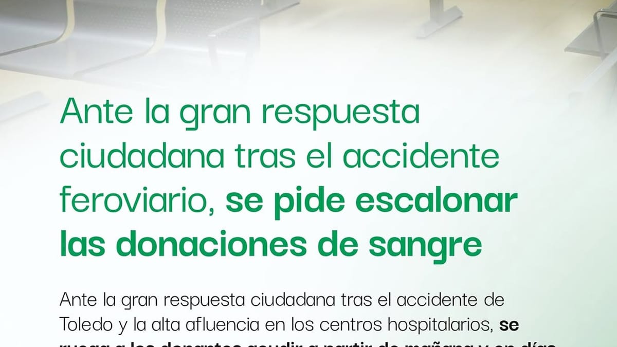 Cartel informativo del Ayuntamiento de Collado-Villalba pidiendo escalonar donaciones de sangre tras el accidente ferroviario de Toledo
