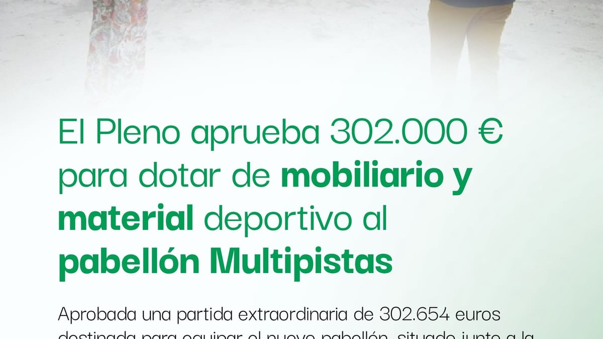 Cartel informativo del Pleno aprobando 302.000 euros para dotar de mobiliario y material deportivo al pabellón Multipistas de Collado-Villalba