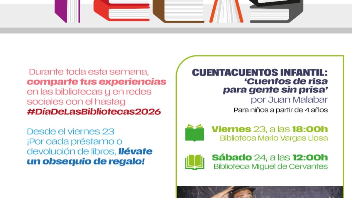 Cartel del Día de las Bibliotecas de Colmenar Viejo con cuentacuentos infantil y ilustraciones de libros de colores