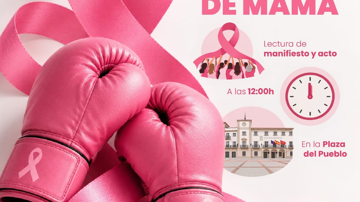 Cartel informativo del Día Mundial de la Lucha Contra el Cáncer de Mama en Colmenar Viejo, con la fecha 19 de octubre, hora 12:00h en la Plaza del Pueblo