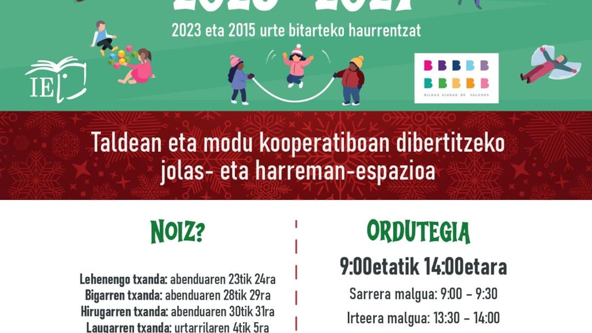 Cartel informativo de colonias navideñas del Ayuntamiento de Bilbao 2026-2027, con detalles de fechas, horarios y centros municipales