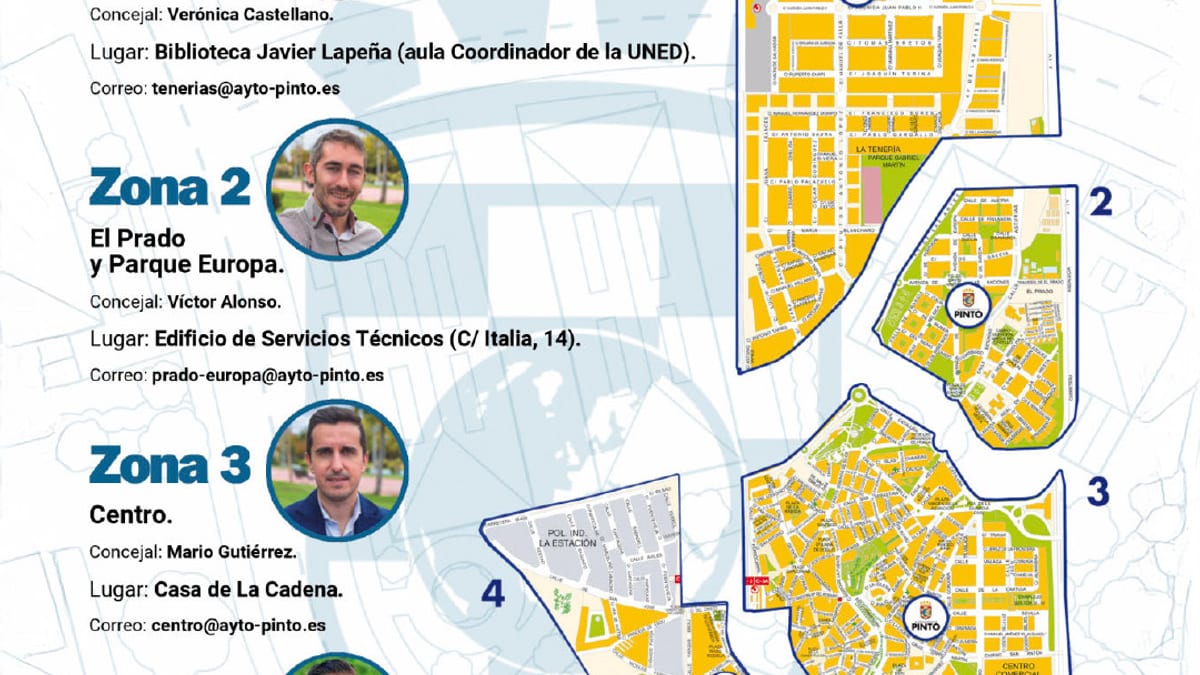 Cartel de Concejales de Barrio en Pinto con información de las cuatro zonas de atención presencial y horarios