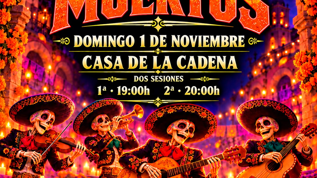Cartel del Concierto del Día de Muertos de Pinto con información de fechas, horarios y vestuario tradicional mexicano