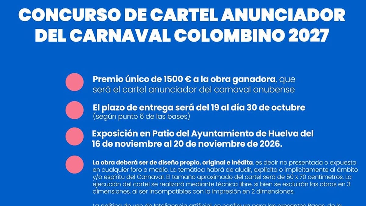 Cartel promocional del concurso del cartel anunciador del Carnaval Colombino 2027 del Ayuntamiento de Huelva