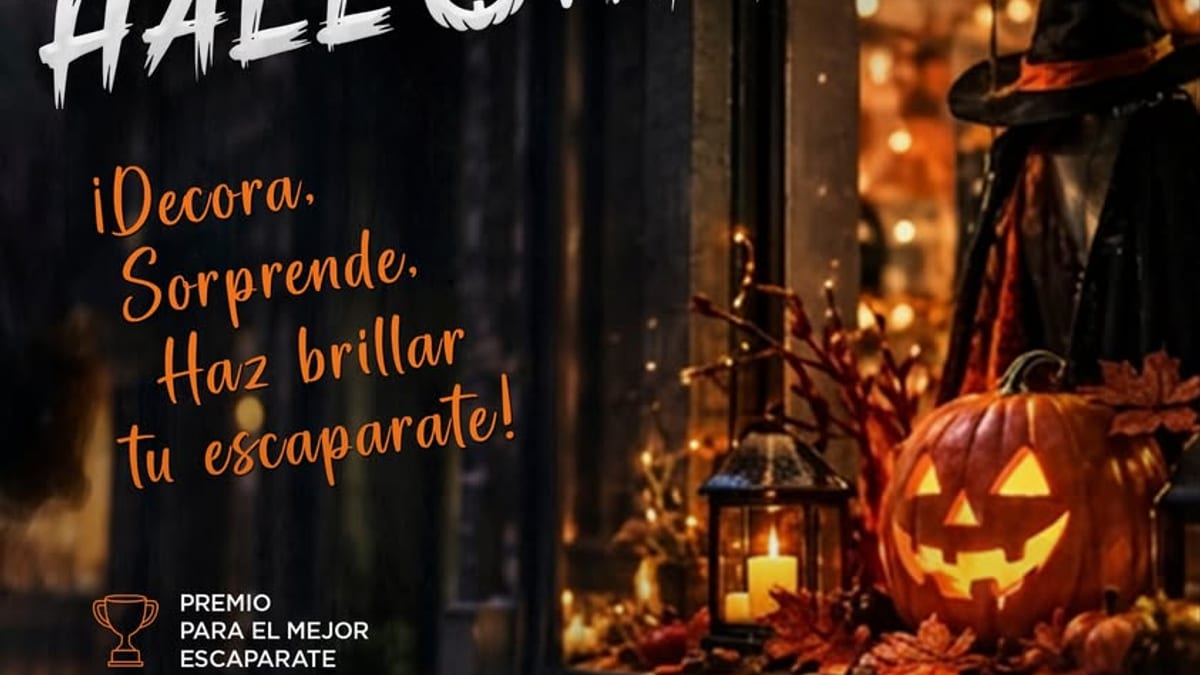Cartel del Concurso de Escaparates de Halloween de Sevilla la Nueva con texto decorativo en tonos naranjas y negros