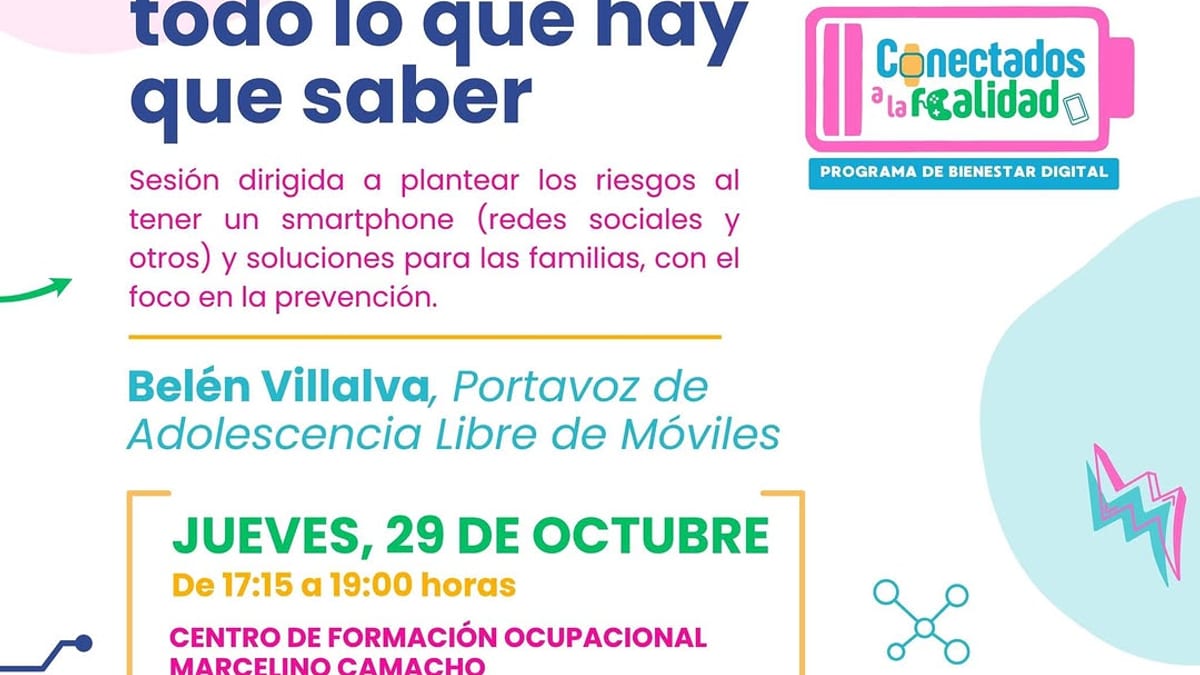 Cartel promocional del programa Conectados a la Realidad sobre móviles y adolescentes, Ayuntamiento de San Sebastián de los Reyes