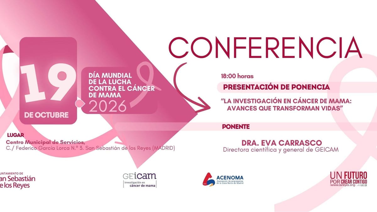 Cartel de la conferencia sobre investigación en cáncer de mama con la doctora Eva Carrasco, directora de GEICAM, en San Sebastián de los Reyes