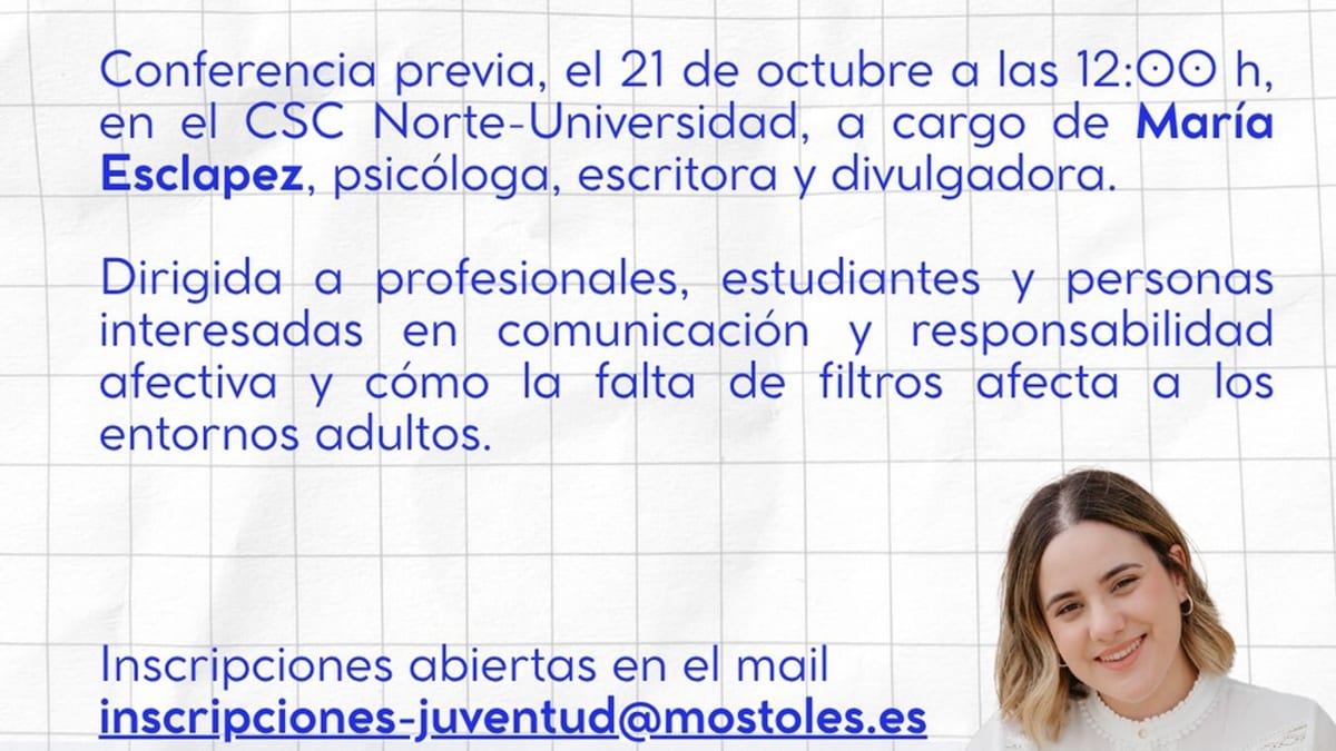Cartel de la conferencia sobre comunicación de María Esclapez en Móstoles el 21 de octubre