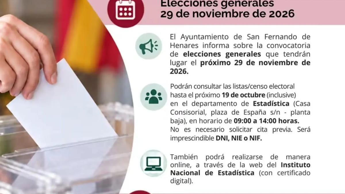 Cartel informativo sobre consulta del censo electoral para elecciones del 29 de noviembre de 2026
