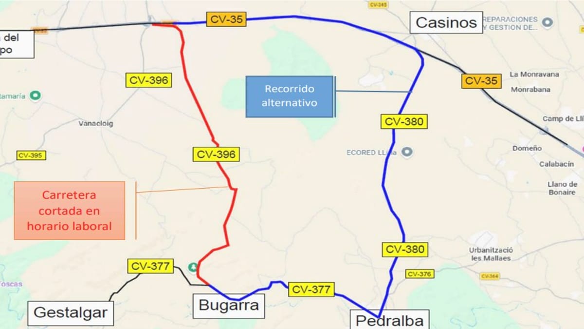 Mapa de cierre de la CV-396 entre Bugarra y Ventas de Villar con rutas alternativas indicadas para las obras de pavimentación