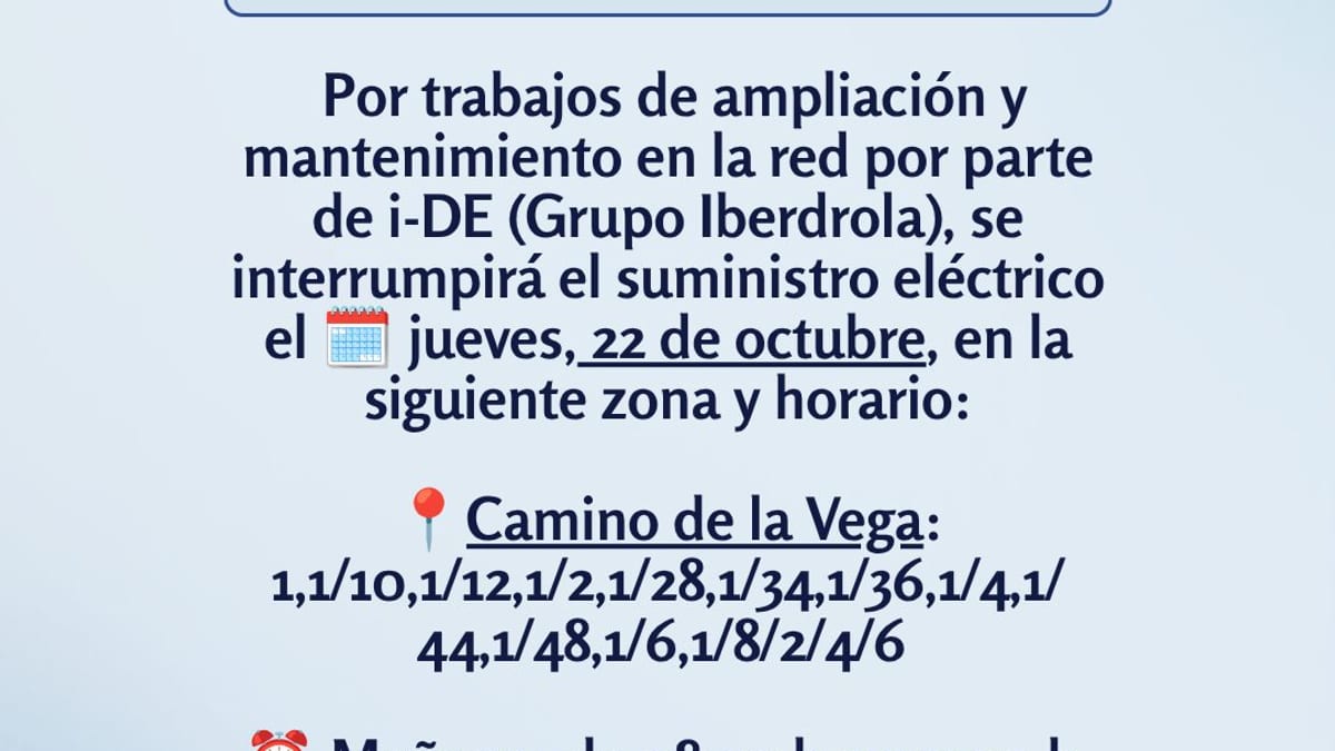 Aviso del Ayuntamiento de Torrijos sobre corte temporal de suministro eléctrico el 22 de octubre