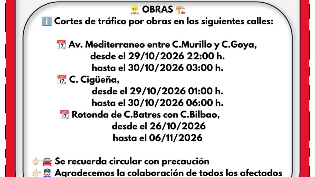 Cartel informativo de la Policía Local de Arroyomolinos sobre cortes de tráfico por obras en tres vías del municipio