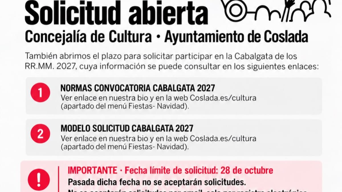 Cartel informativo de la Cabalgata de Reyes Magos 2027 de Coslada con información sobre solicitudes abiertas