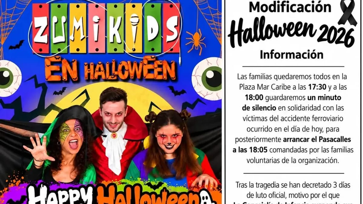 Cartel informativo de cancelación de la actividad Zumikids en Halloween en Coslada, con referencia a luto oficial por accidente ferroviario