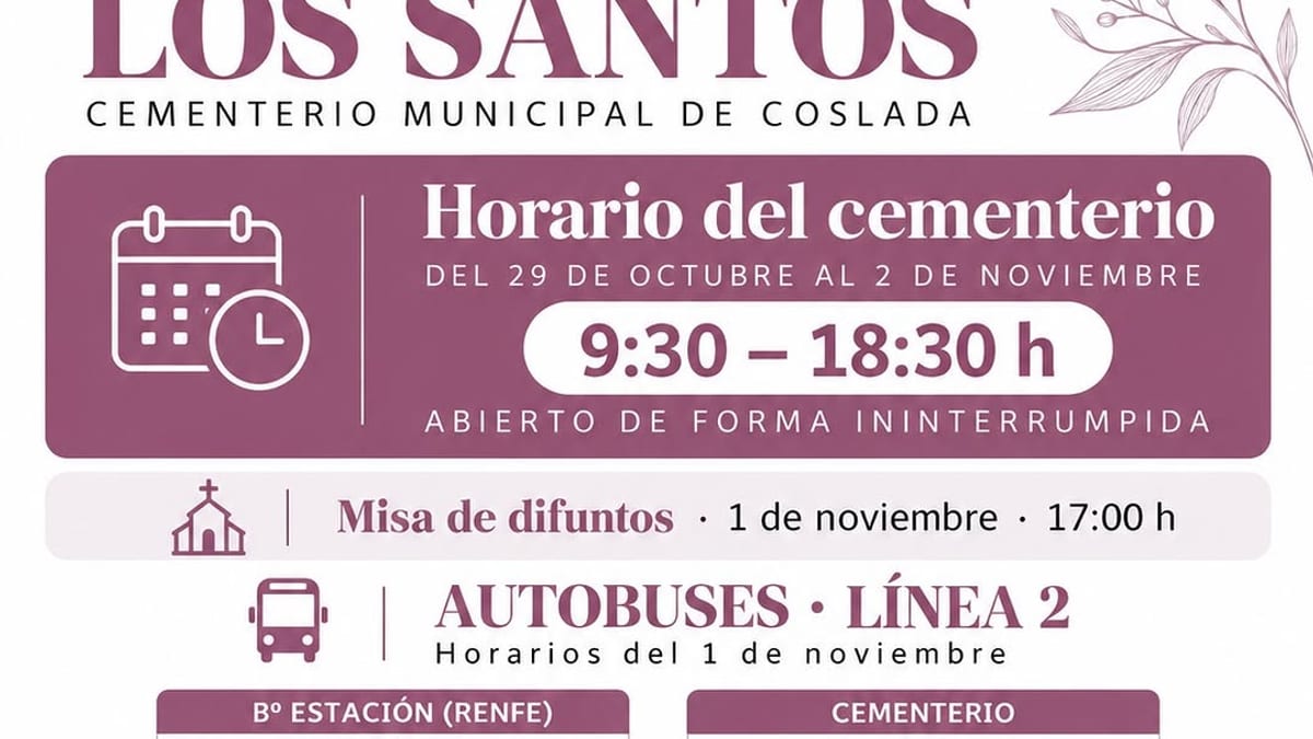 Cartel informativo del horario especial del Cementerio Municipal de Coslada y refuerzo de la línea 2 de autobús para Todos los Santos