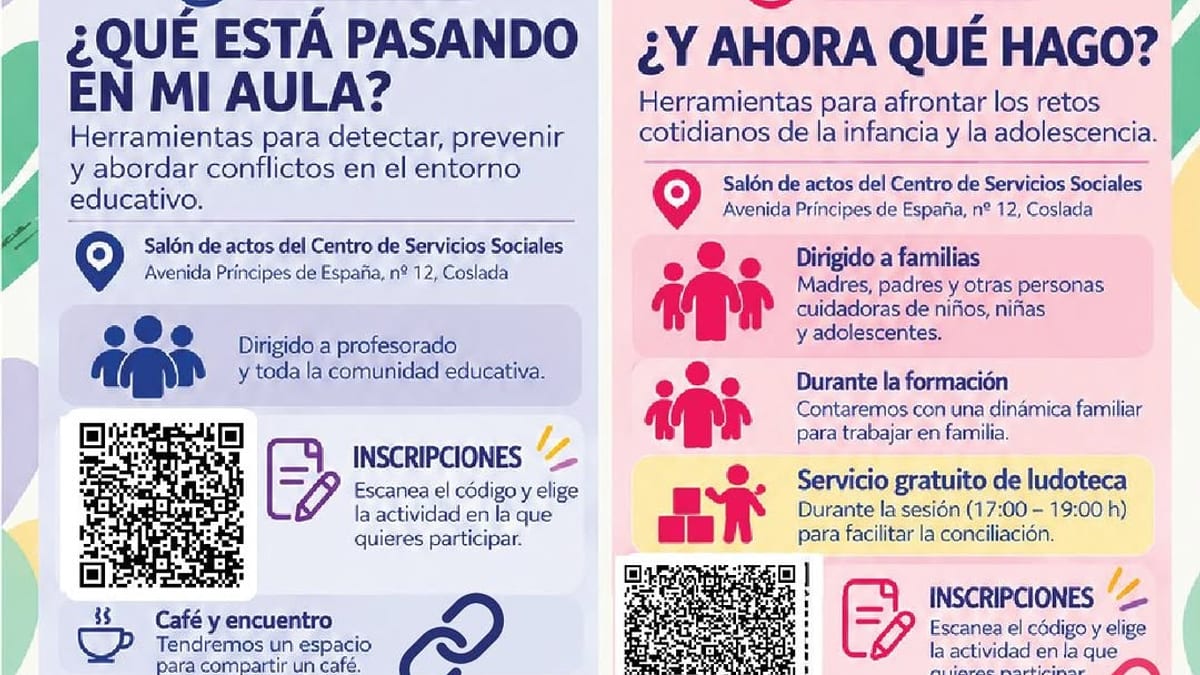 Cartel informativo de las jornadas formativas 'Creando entornos seguros' del Ayuntamiento de Coslada con fechas, horarios y ponentes