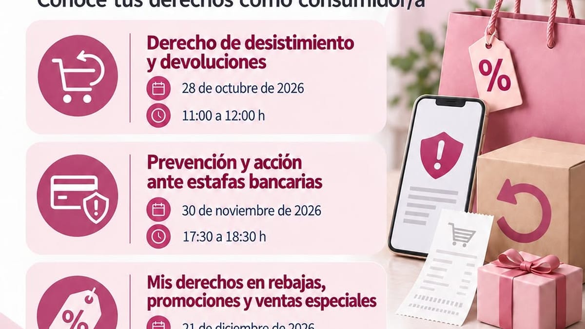 Cartel informativo de los talleres de consumo de Coslada 2026: devoluciones, estafas bancarias y derechos en rebajas