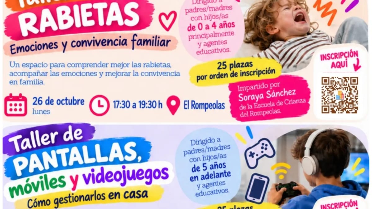Cartel de talleres de formación para familias en Coslada: taller de rabietas el 26 de octubre y taller de pantallas y videojuegos el 30 de octubre en El Rompeolas