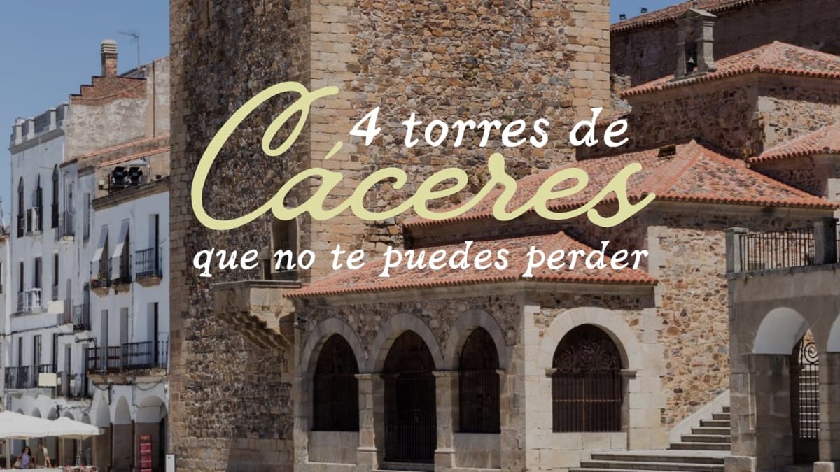 Cartel informativo de las cuatro torres históricas de Cáceres: Bujaco, Espaderos, Sande y Torre del Horno, con logotipos del Ayuntamiento de Cáceres y Consorcio Cáceres Ciudad Histórica